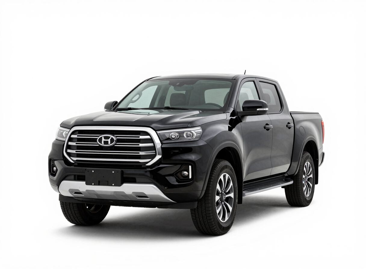 Crisp studio shot of a black modern pickup truck, front three-quarter view, high-key lighting, clean white background, sharp focus, 35mm