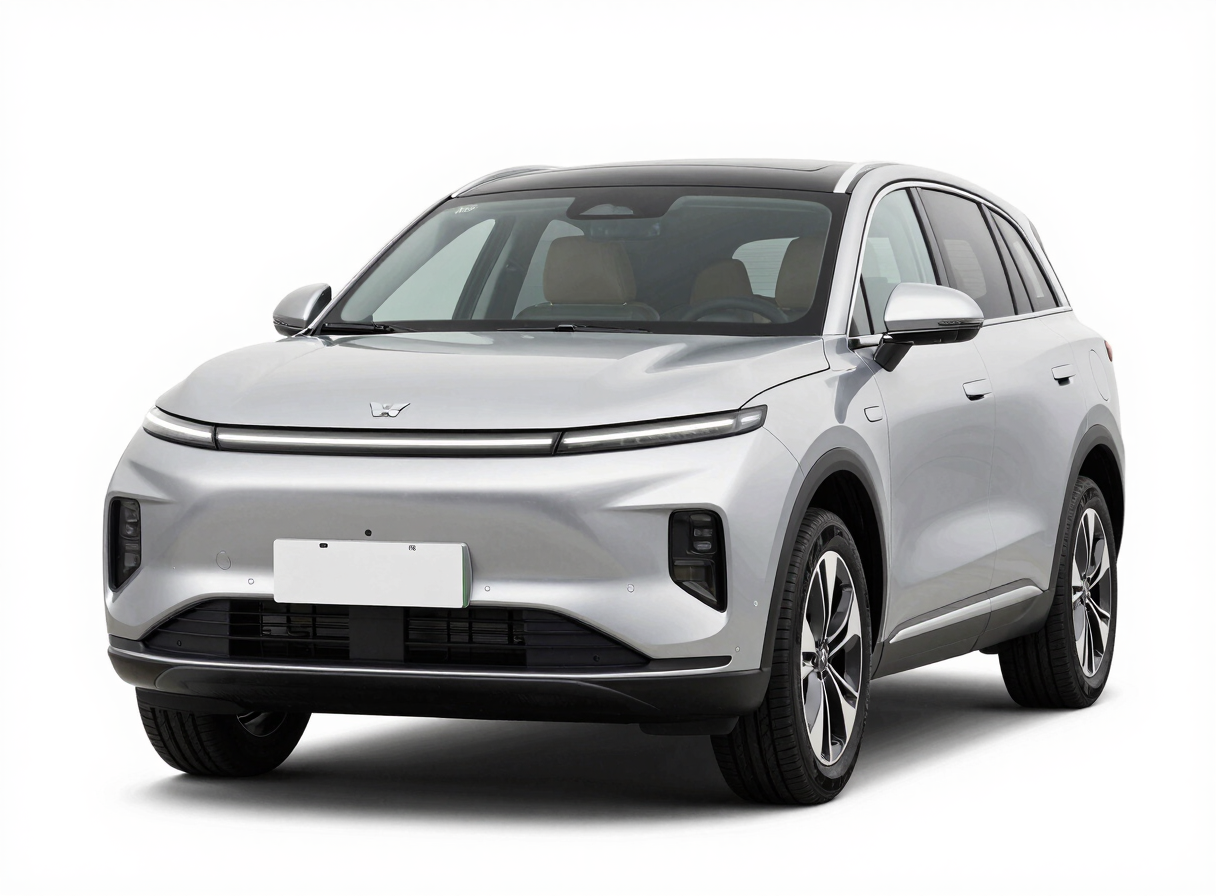Crisp studio shot of a silver modern SUV, front three-quarter view, high-key lighting, clean white background, sharp focus, 35mm