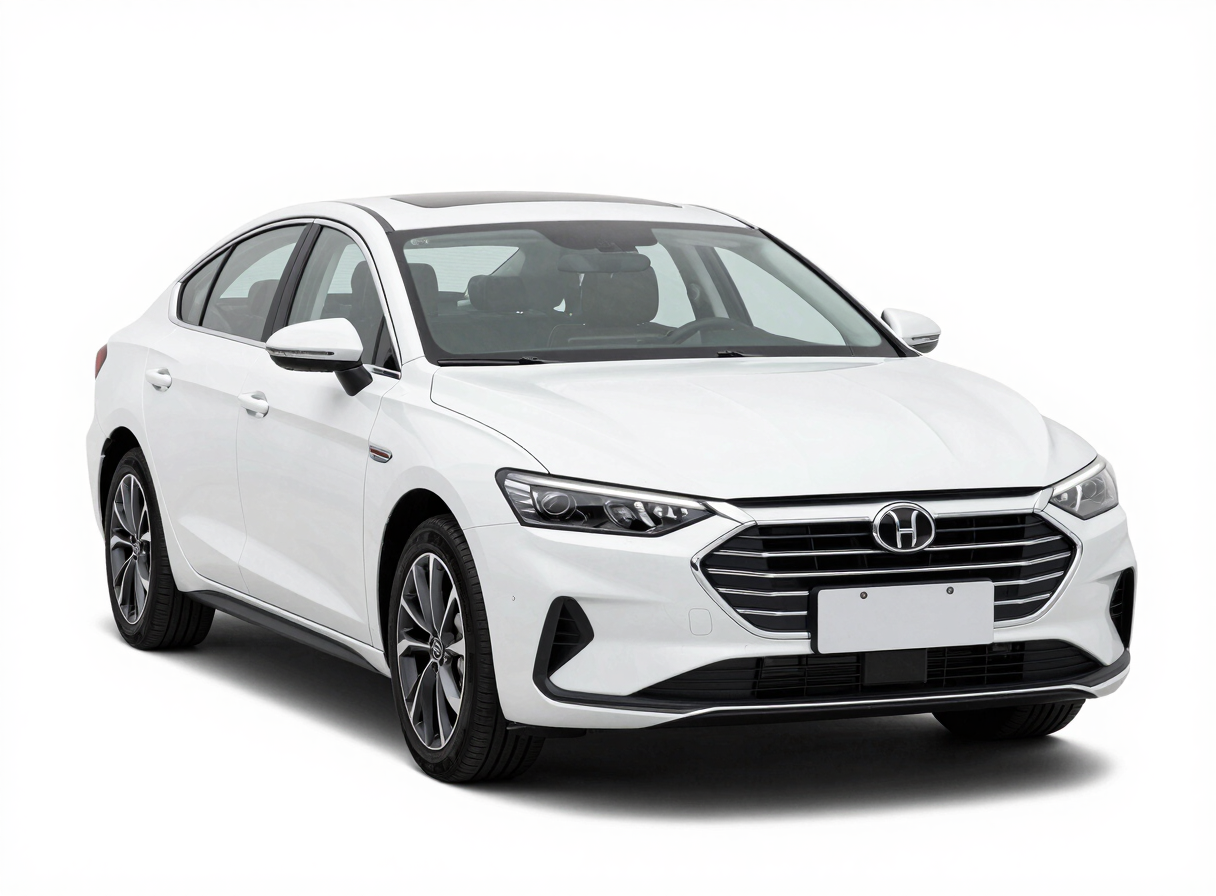 Crisp studio shot of a white modern sedan, front three-quarter view, high-key lighting, clean white background, sharp focus, 35mm